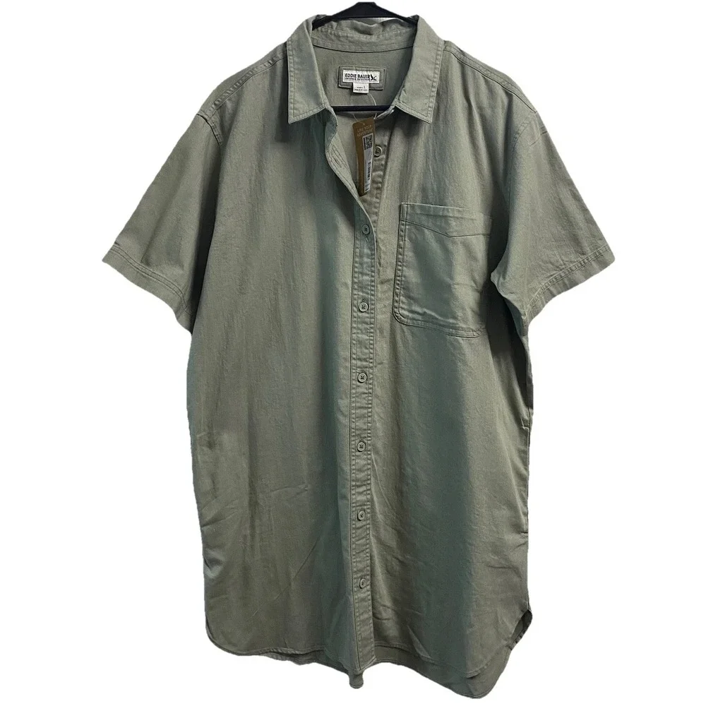 Eddie Bauer Womens 100% Cotton Dress‎ Sage Green/Button Front/Short Sleeve L NWT